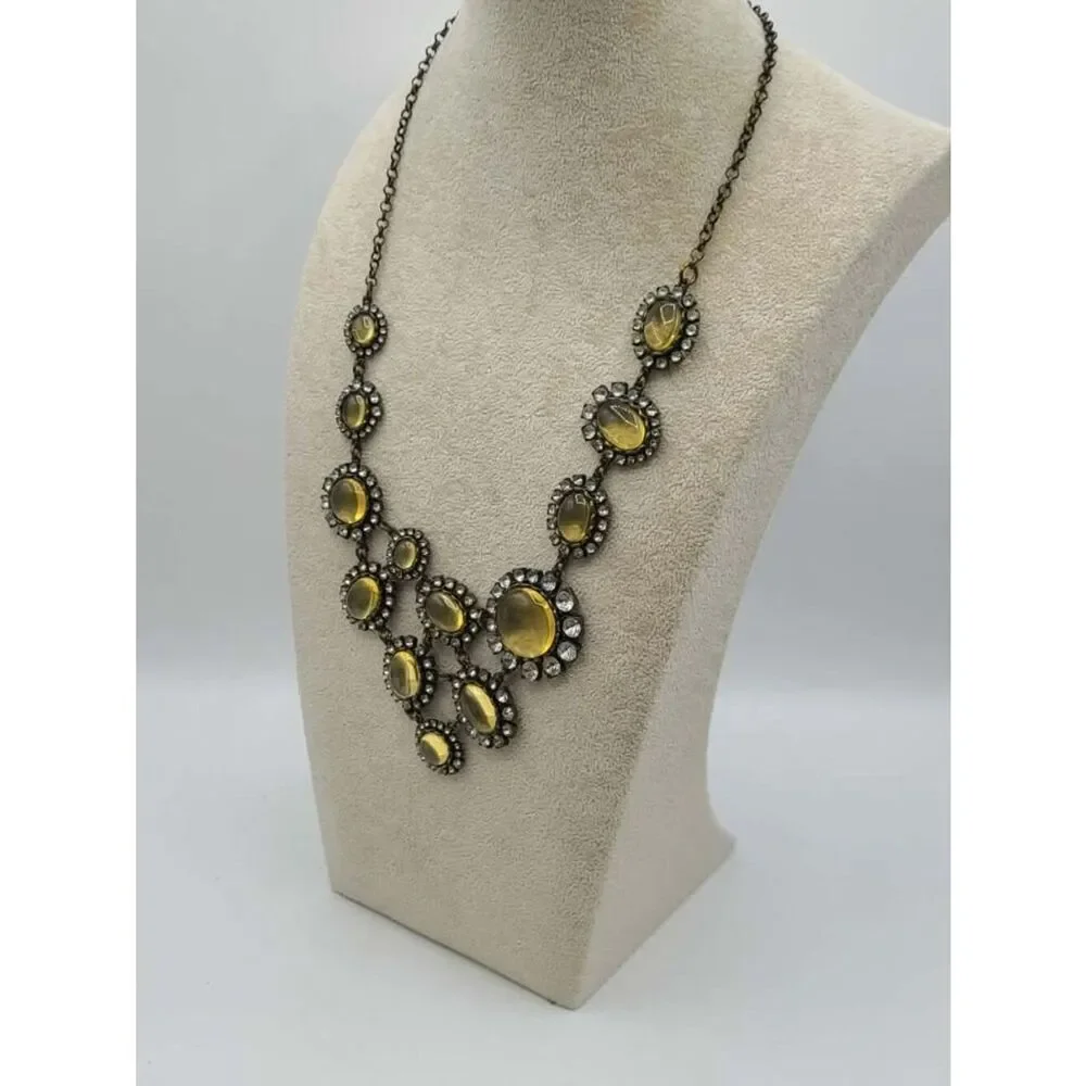 J Crew Antique Brass Look Statement Necklace with Gold & Clear Crystals